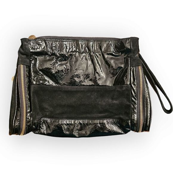 Gustto Black Patent Leather and Suede Large Wristlet Lapol Clutch - Picture 2 of 16